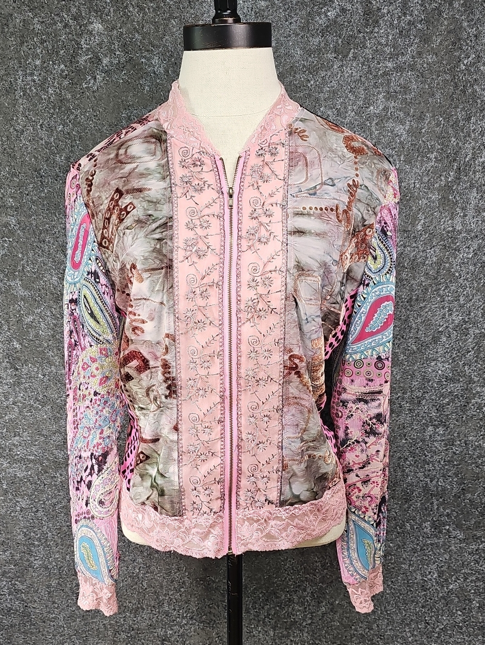 Y2K Piano Mixed Media Lace Paisley Text Jacket, Stretch Mesh, Pink Black, Size S